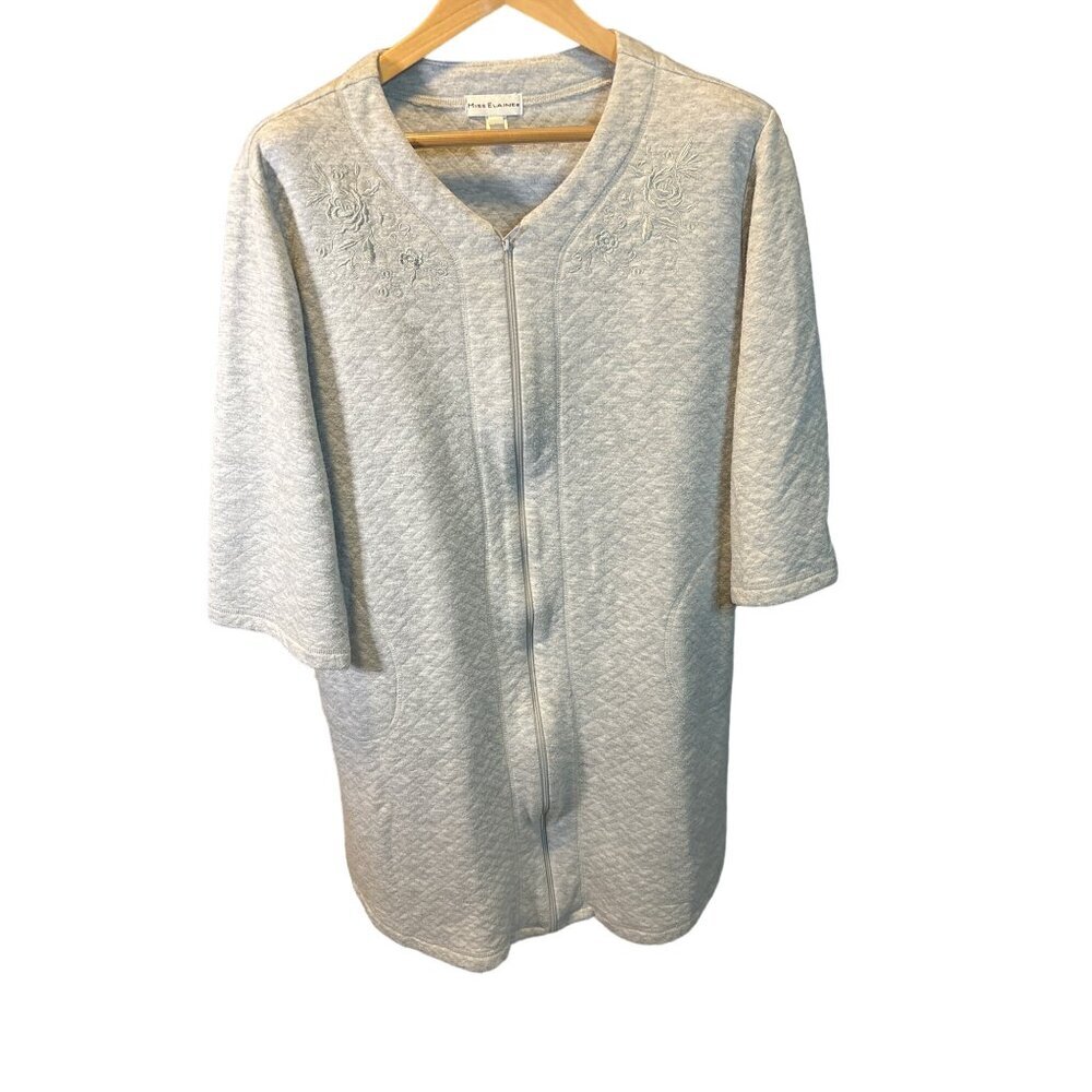 Miss Elaine Gray Quilted Zip Up Housecoat Embroidery Size Medium
